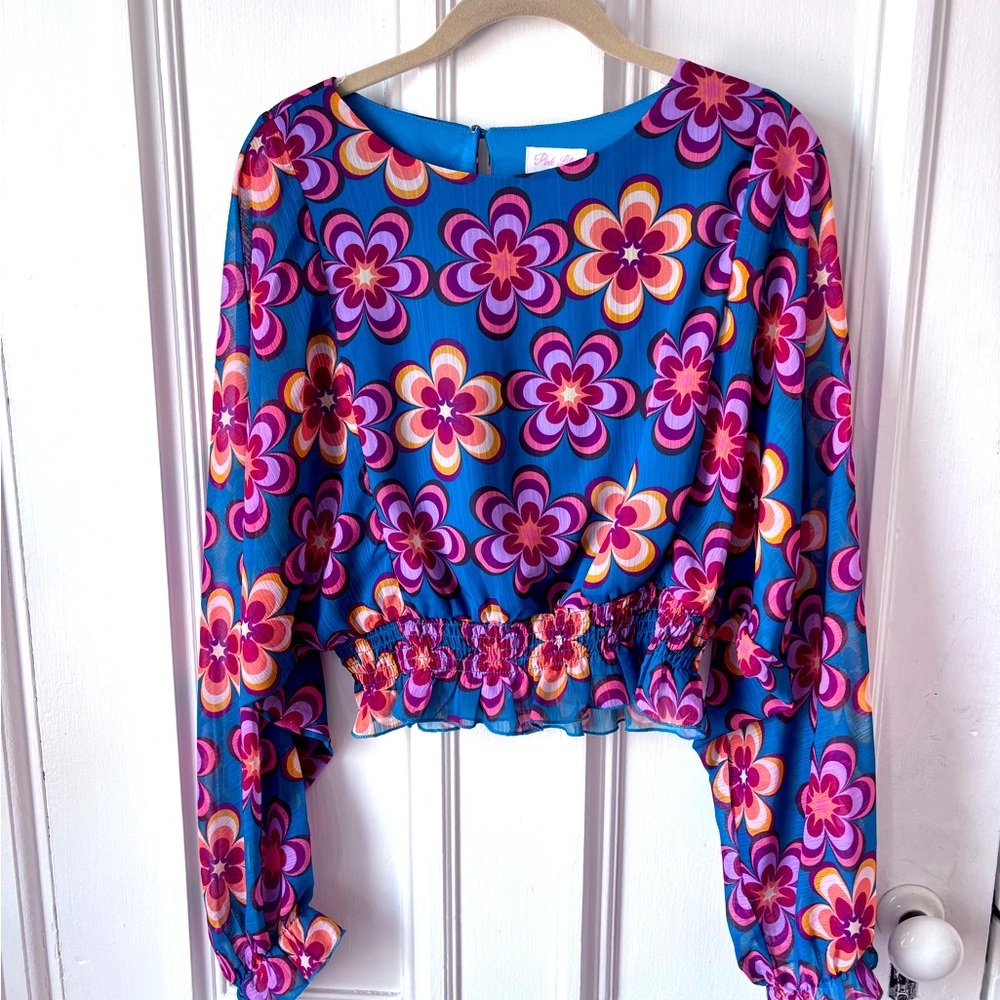 Pink Lily Hippie/Boho Floral Sheer Batwing Sleeve Lined Shirred Waist Blouse